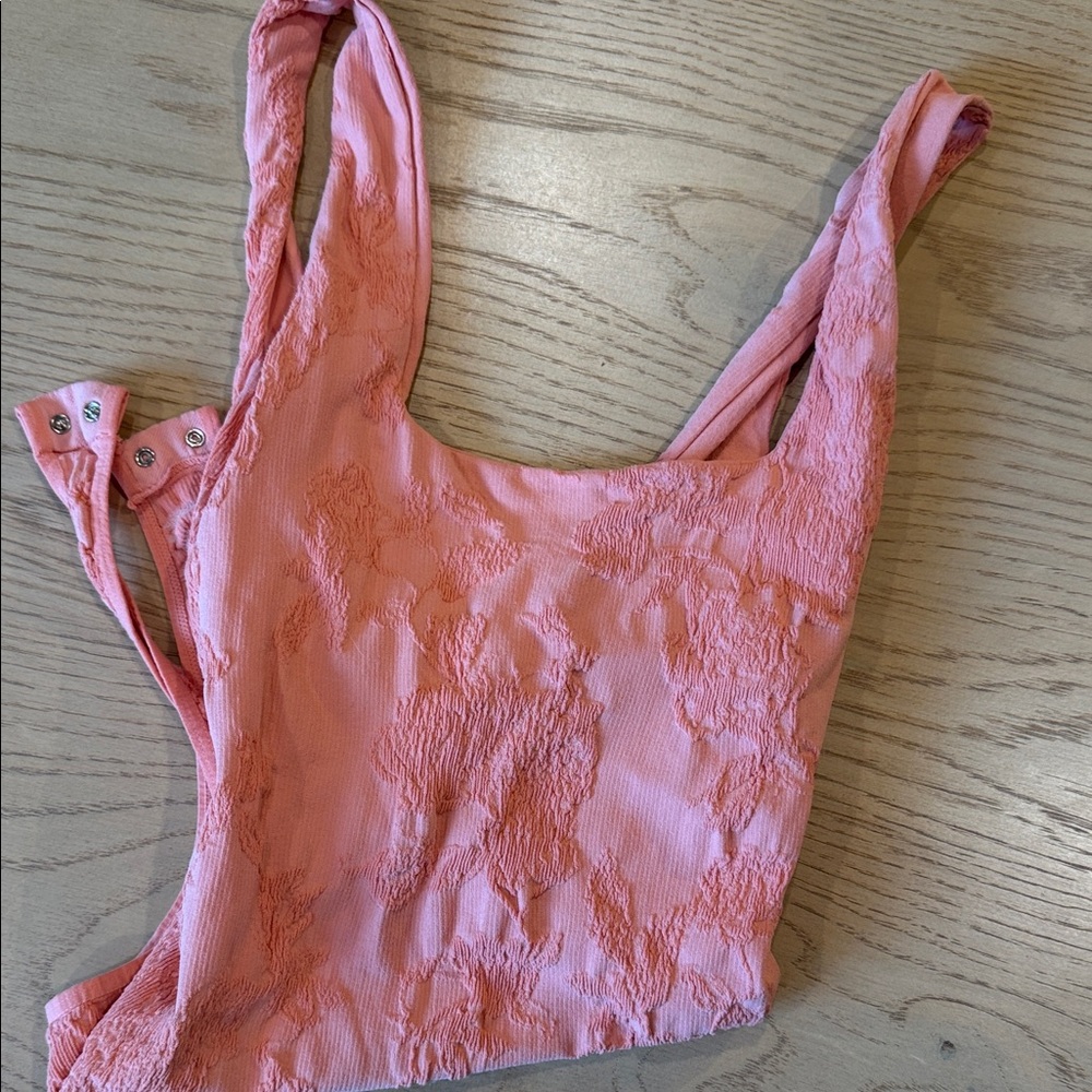 Free People Coral Pink Textured Square-Neck Bodysuit